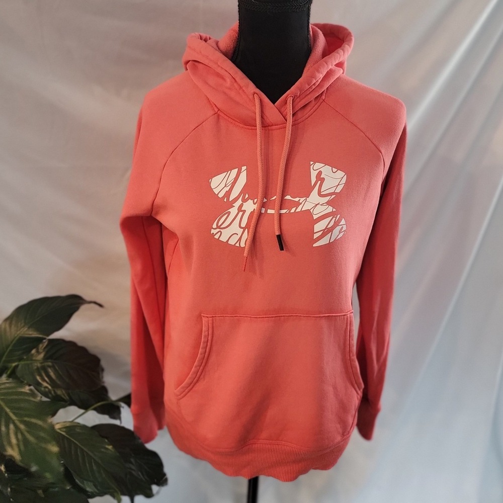 Under Armour Womens Rival Fleece Hoodie Coral Pink Graphic Logo XS‎ Loose Fit